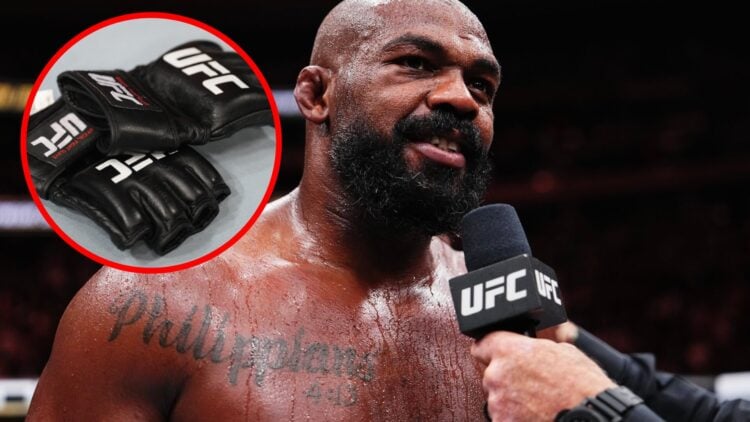 Jon Jones speaks after his win at UFC 309, inset detailed view of UFC gloves on the Octagon floor.