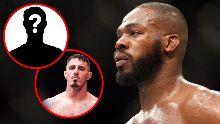 Jon Jones looks on during his UFC 182 fight with Daniel Cormier with an inset of Tom Aspinall preparing to face Curtis Blaydes at UFC 304 and a mys...
