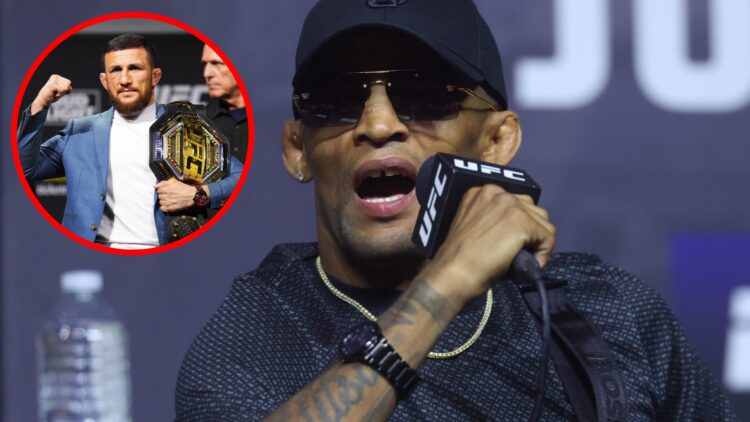 Patchy Mix on stage at the UFC 316 press conference with an inset of Merab Dvalishvili posing at the UFC 311 press conference