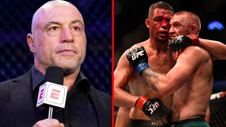 Split image of Joe Rogan commentating at UFC 309 and Nate Diaz embracing Conor McGregor after their UFC 202 rematch.