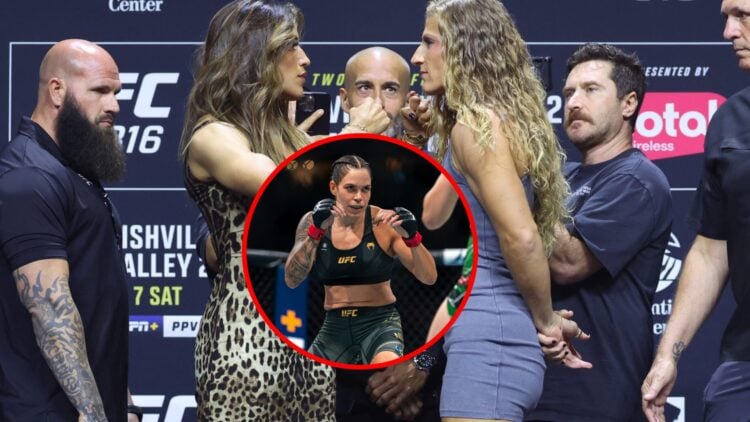 Main: Julianna Pena and Kayla Harrison face off at the UFC 316 press conference. Inset: Amanda Nunes during her title fight against Irene Aldana at...