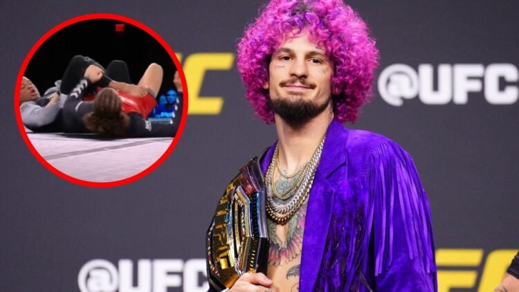 Sean O'Malley on stage at the UFC 2024 seasonal press conference with an inset of Hector Lombard submitting O'Malley at Quintet Ultra