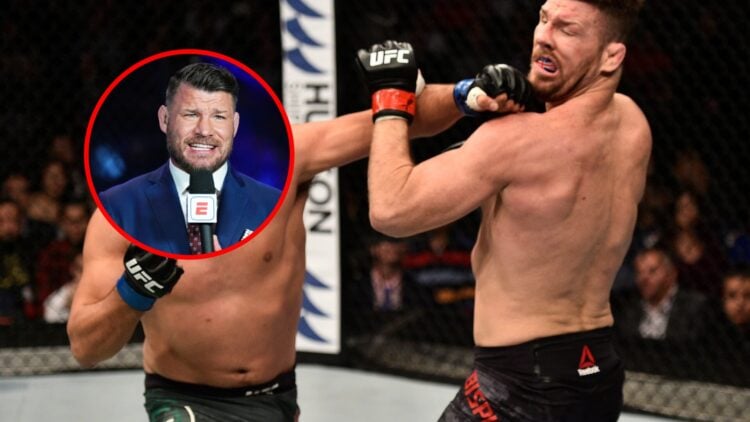 Main: Kelvin Gastelum punches Michael Bisping during their main event at UFC Shanghai. Inset: Michael Bisping cageside to commentate on UFC 284 in ...