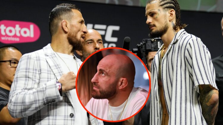 Merab Dvalishvili and Sean O'Malley face off at the UFC 316 press conference with an inset of Alexander Volkanovski watching on at UFC 312