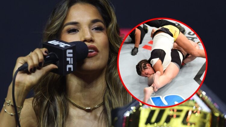 Main: Julianna Pena speaks on stage at the UFC 316 press conference. Inset: Valentina Shevchenko submits Julianna Pena in their UFC on Fox main event.