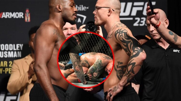 Main: Jon Jones and Anthony Smith face off at the UFC 235 ceremonial weigh-ins. Inset: Anthony Smith chokes Alexander Gustafsson at UFC Stockholm.
