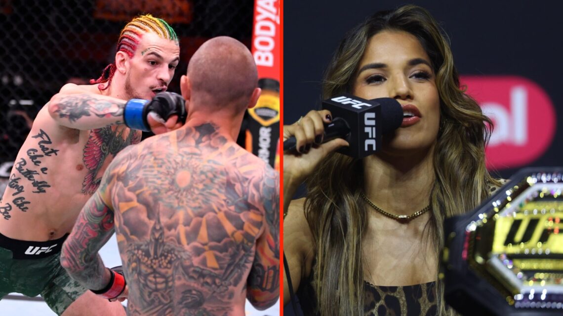 Sean O'Malley punches Eddie Wineland in their bantamweight bout during the UFC 250 event and Julianna Pena speaks at a UFC Press conference