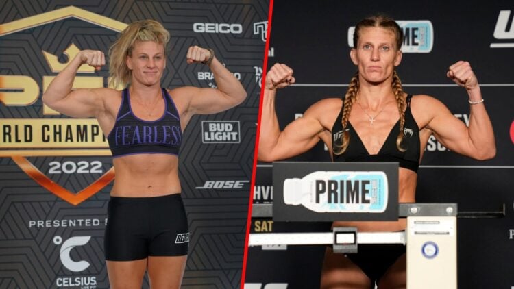 Kayla Harrison weighing in for a 155lb fight (left) and a 135lb fight (right)