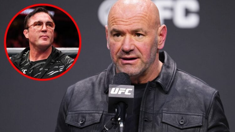 Dana White on stage at the UFC 2024 seasonal press conference with an inset of Chael Sonnen in the cage after cornering Colby Covington at UFC Tampa