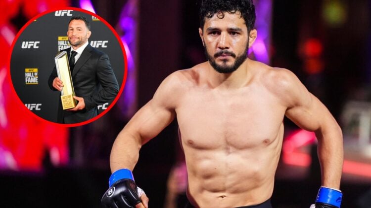 Aaron Pico walks out at PFL vs Bellator event for his fight with Henry Corrales with an inset of Frankie Edgar posing at the UFC Hall of Fame 2024 ...