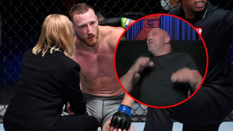 Main: Joe Pyfer inside the cage after injuring his elbow during a Dana White's Contender Series fight. Inset: Dana White reacts to Joe Pyfer's elbo...