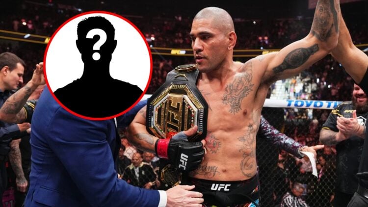 Main: Alex Pereira celebrates after knocking out Jamahal Hill to defend the light heavyweight title at UFC 300. Inset: Mystery fighter.