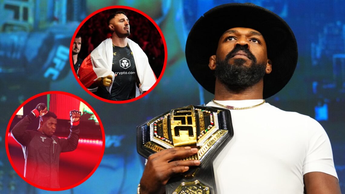 Jon Jones holds the UFC heavyweight title ahead of his UFC 309 fight with Stipe Miocic, insets Tom Aspinall makes the walk at UFC 304 and Francis N...