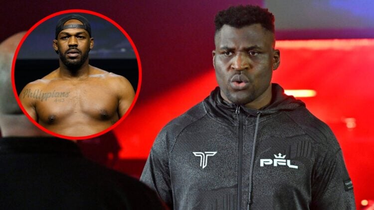 Francis Ngannou makes the walk for his PFL Super Fights bout with Renan Ferreira, inset Jon Jones poses on the scales ahead of UFC 285