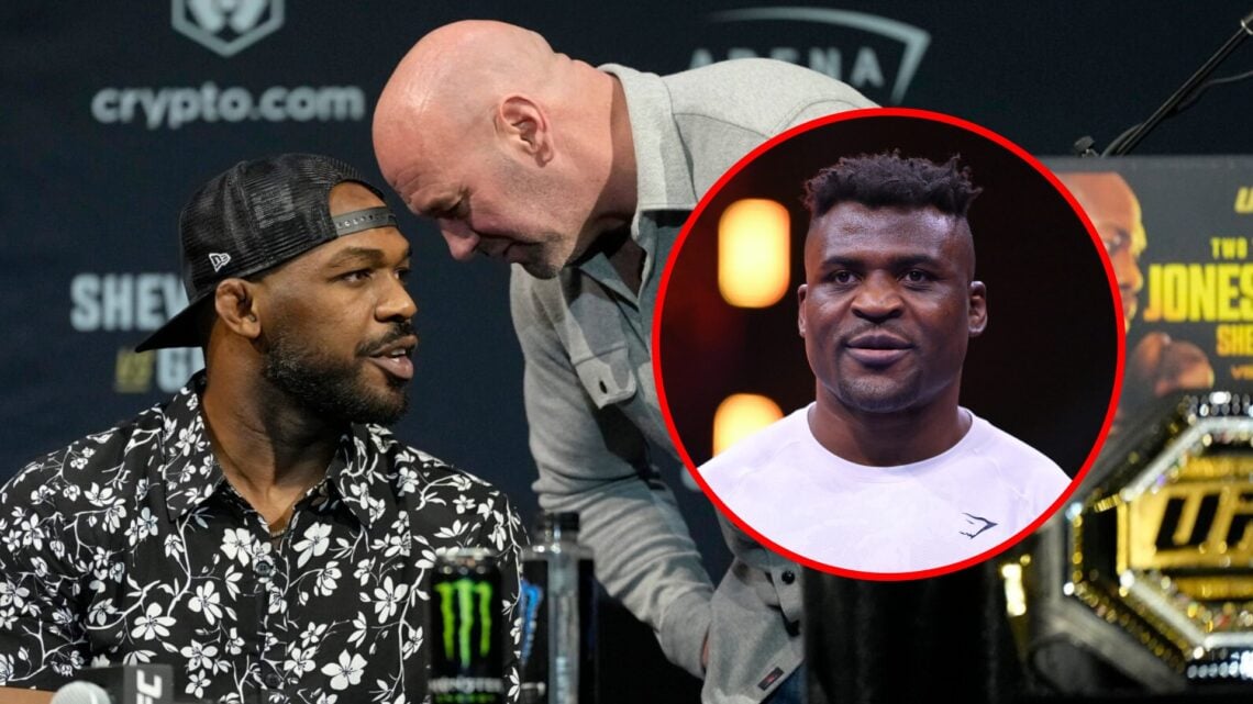 Main: Jon Jones speaks to Dana White while on stage at the UFC 285 press conference. Inset: Francis Ngannou watches on during his open workout in R...