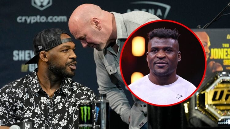Main: Jon Jones speaks to Dana White while on stage at the UFC 285 press conference. Inset: Francis Ngannou watches on during his open workout in R...