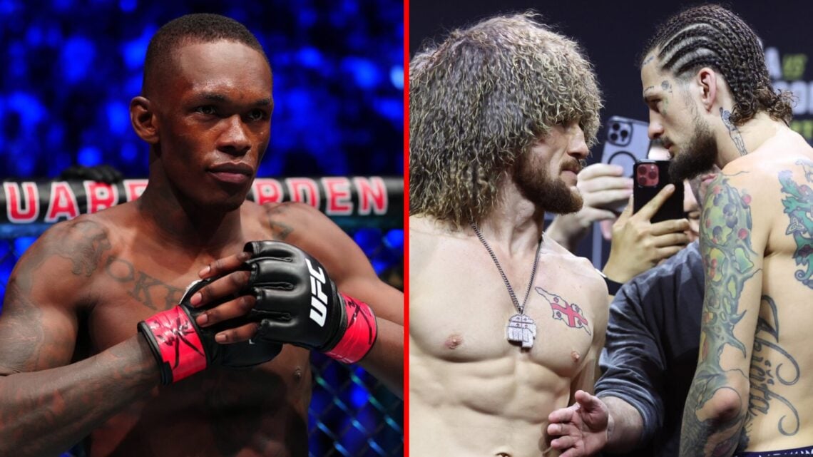 Left: Israel Adesanya inside the cage before fighting Alex Pereira at UFC 281. Right: Merab Dvalishvili and Sean O'Malley face off at the UFC 316 c...