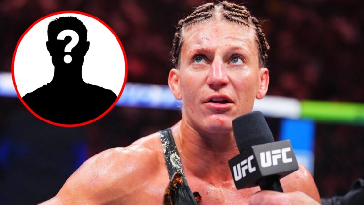 Kayla Harrison speaks after her UFC 307 win over Ketlen Vieira with an inset of a mystery icon