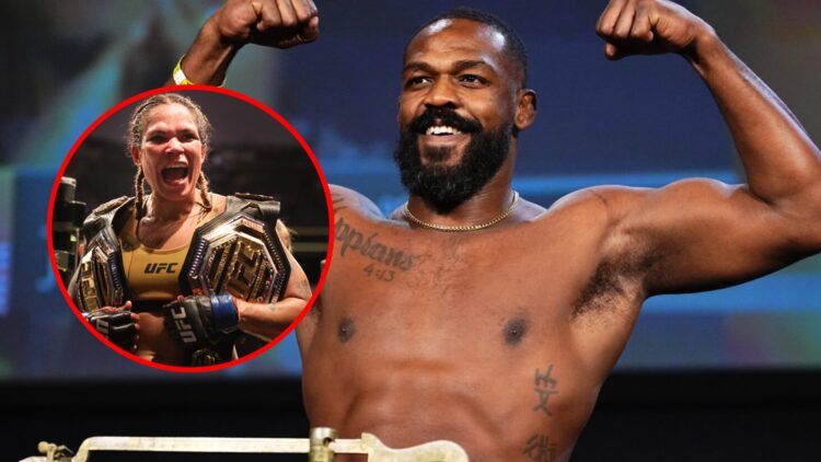 Main: Jon Jones poses while on stage at the UFC 309 ceremonial weigh-ins. Inset: Amanda Nunes holds her two UFC titles after beating Julianna Pena ...