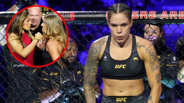 Amanda Nunes prepares to face Irene Aldana at UFC 289, inset Julianna Pena and Kayla Harrison face off at the UFC 316 press conference