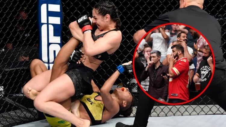 Main: Ariane Lipski da Silva submits Luana Carolina with a kneebar at UFC Fight Island 2. Inset: Fans react to Chris Weidman's leg break at UFC 261.