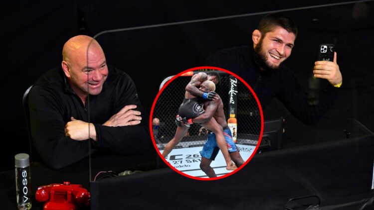 Main: Dana White and Khabib Nurmagomedov watch the UFC Vegas 22 main event from cageside. Inset: Derek Brunson attempts a takedown on Kevin Holland...