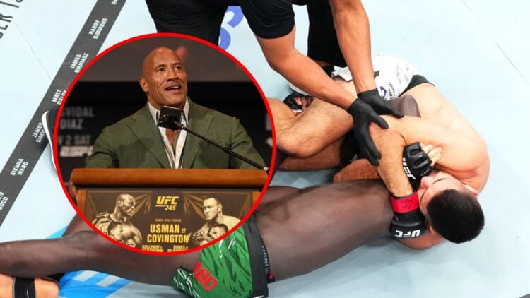 Main: Vicente Luque chokes out Themba Gorimbo at UFC 310. Inset: Dwayne 'The Rock' Johnson speaks at the UFC 244 ceremonial weigh-ins.