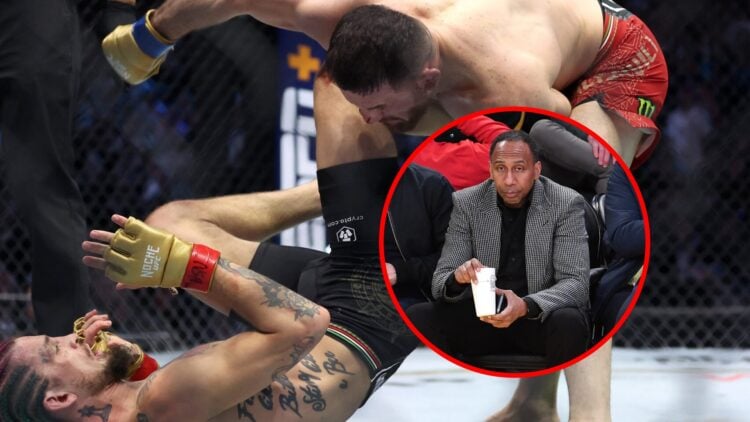 Main: Merab Dvalishvili punches Sean O'Malley during their title fight at UFC 306. Inset: Stephen A. Smith attends a basketball game between the Lo...