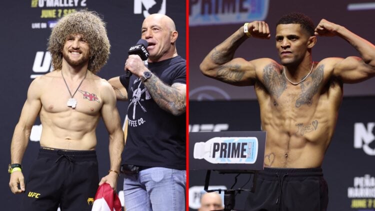Split image of Merab Dvalishvili and Patchy Mix at UFC 316