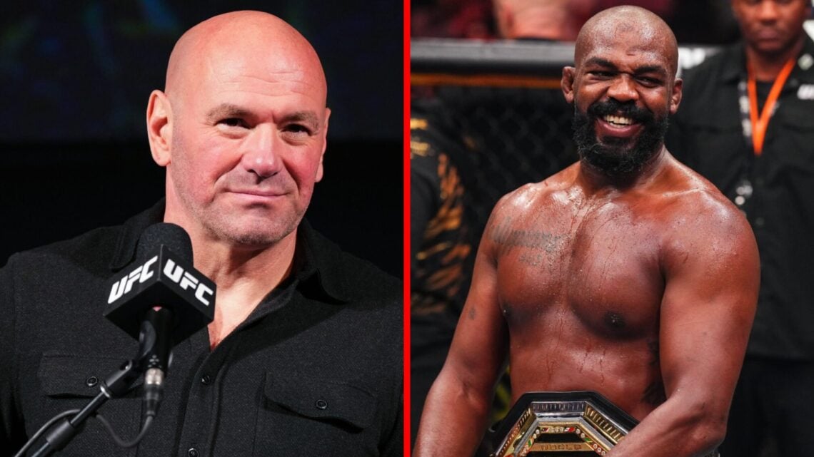 Dana White at the UFC 315 press conference, Jon Jones celebrates his win at UFC 309.