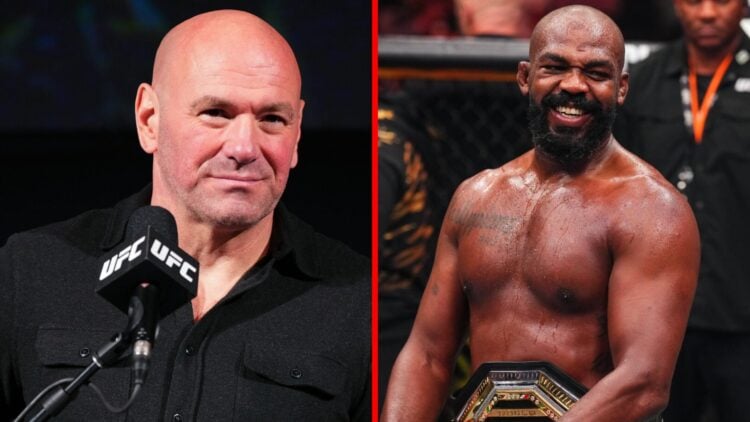 Dana White at the UFC 315 press conference, Jon Jones celebrates his win at UFC 309.