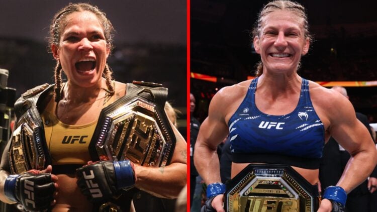 Amanda Nunes celebrates her win at UFC 277, Kayla Harrison celebrates her win at UFC 316.
