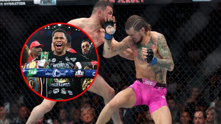 Main: Sean O'Malley falls down during his title fight against Merab Dvalishvili at UFC 316. Inset: Devin Haney celebrates after beating George Kamb...