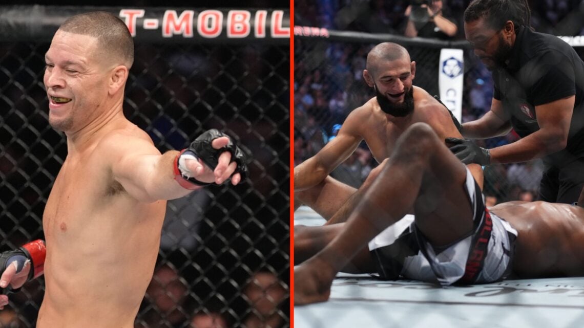 Nate Diaz taunts Tony Ferguson during UFC 279 fight split with Khamzat Chimaev moments after submitting Kevin Holland at UFC 279