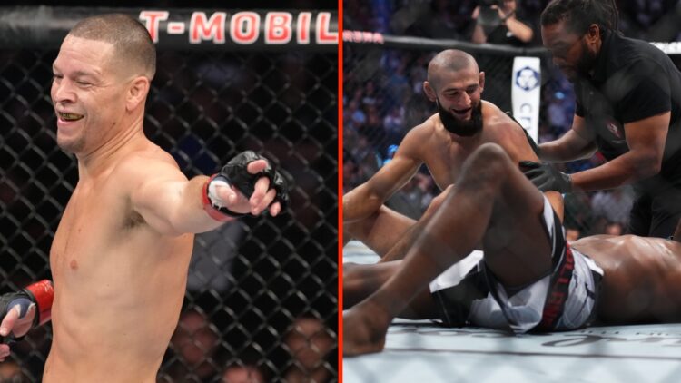 Nate Diaz taunts Tony Ferguson during UFC 279 fight split with Khamzat Chimaev moments after submitting Kevin Holland at UFC 279