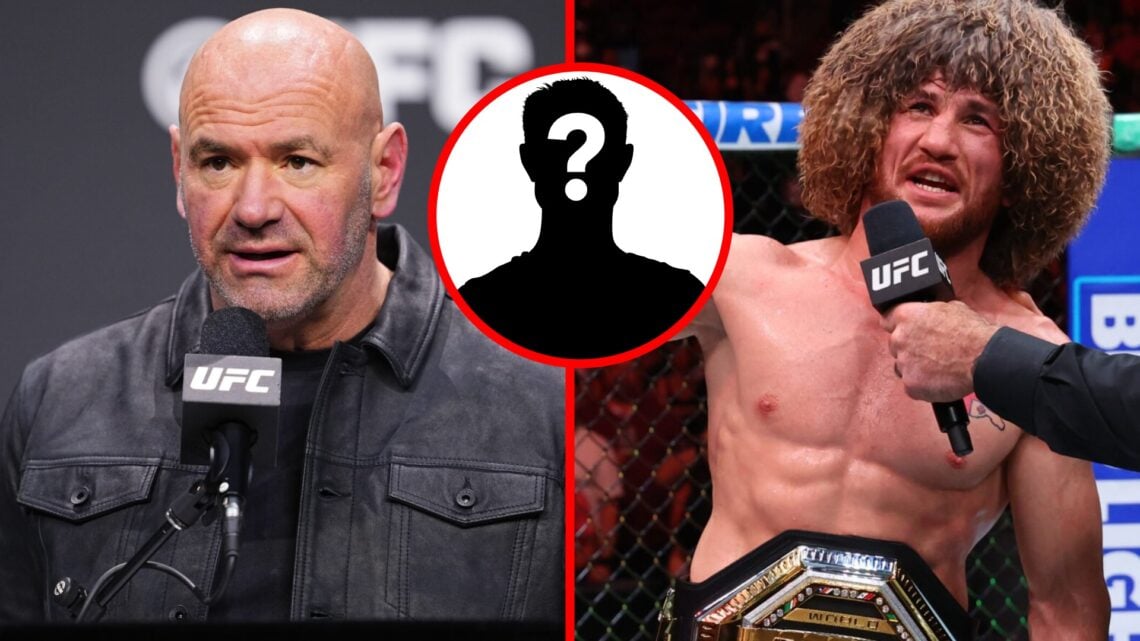 Split image of Dana White during a UFC press conference and Merab Dvalishvili reacting to his UFC 316 win.