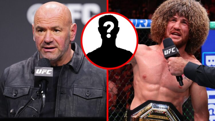Split image of Dana White during a UFC press conference and Merab Dvalishvili reacting to his UFC 316 win.