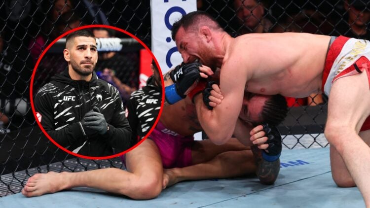 Main: Merab Dvalishvili submits Sean O'Malley during their UFC 316 title fight. Inset: Ilia Topuria corners his teammate during the UFC 312 event i...