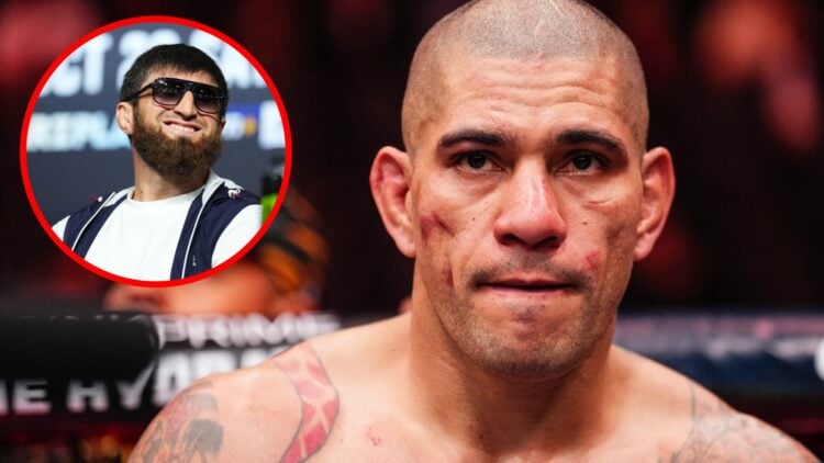 Alex Pereira reacts after his UFC 313 loss to Magomed Ankalaev, inset Ankalaev on stage at the UFC 308 press conference