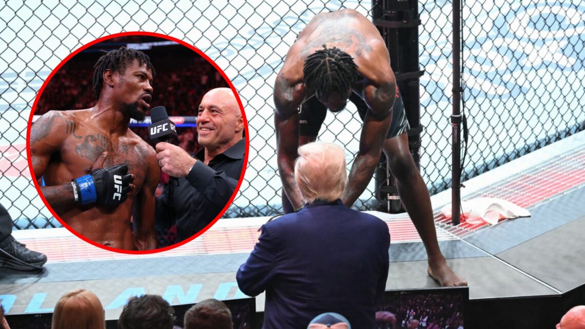 Main: Donald Trump congratulates Kevin Holland on his UFC 316 win. Inset: Kevin Holland is interviewed by Joe Rogan after submitting Vicente Luque ...