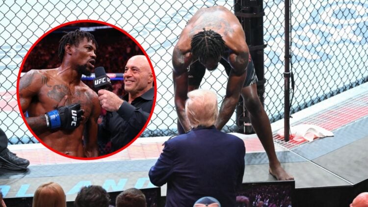 Main: Donald Trump congratulates Kevin Holland on his UFC 316 win. Inset: Kevin Holland is interviewed by Joe Rogan after submitting Vicente Luque ...