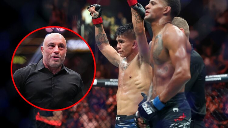 Main: Mario Bautista celebrates his win over Patchy Mix at UFC 316. Inset: Joe Rogan reacts to Justin Gaethje knocking Max Holloway out at UFC 300.