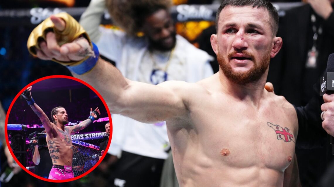 Merab Dvalishvili reacts to his win over Sean O'Malley at UFC 306, inset O'Malley prepares to face Dvalishvili at UFC 316