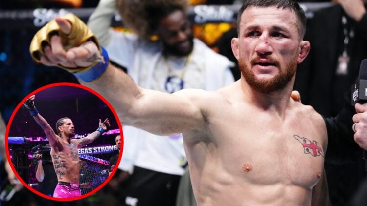Merab Dvalishvili reacts to his win over Sean O'Malley at UFC 306, inset O'Malley prepares to face Dvalishvili at UFC 316