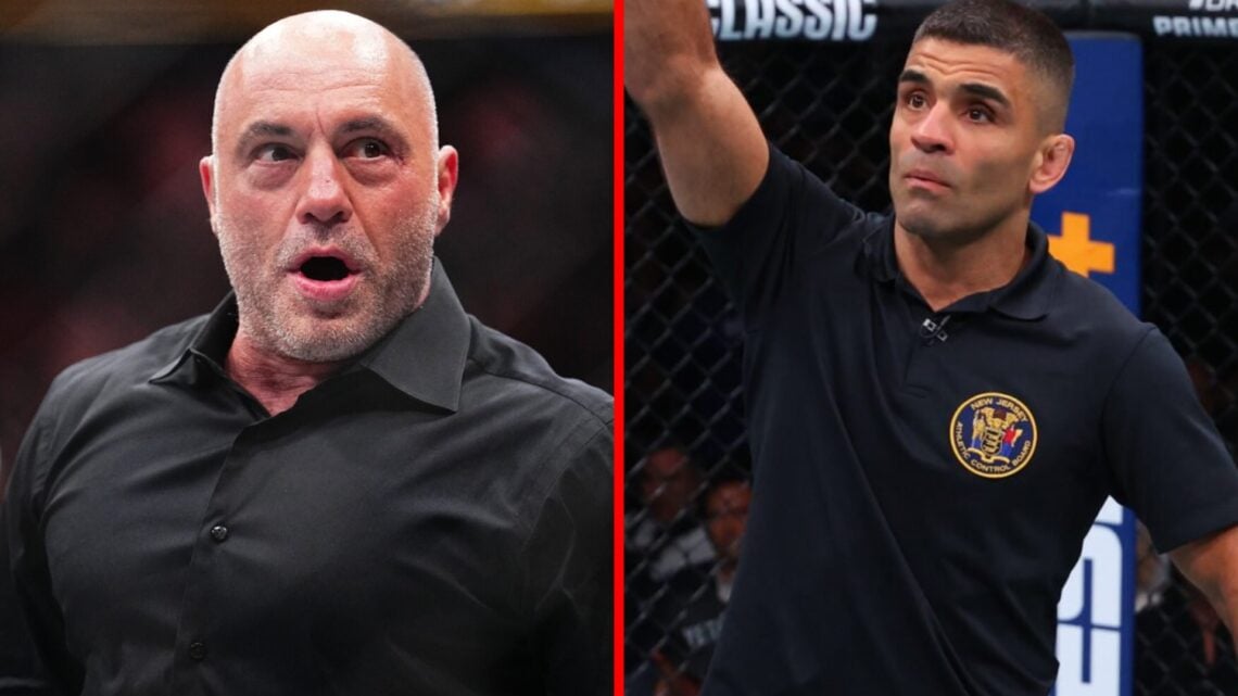 Joe Rogan looks shocked at UFC 300, referee Vitor Ribeiro takes a point from Julianna Pena at UFC 316.