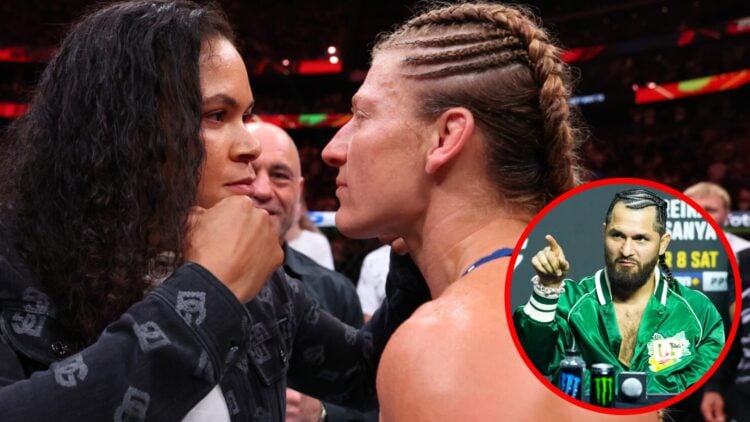 Amanda Nunes and Kayla Harrison face off at UFC 316, inset Jorge Masvidal on stage at the UFC 287 press conference