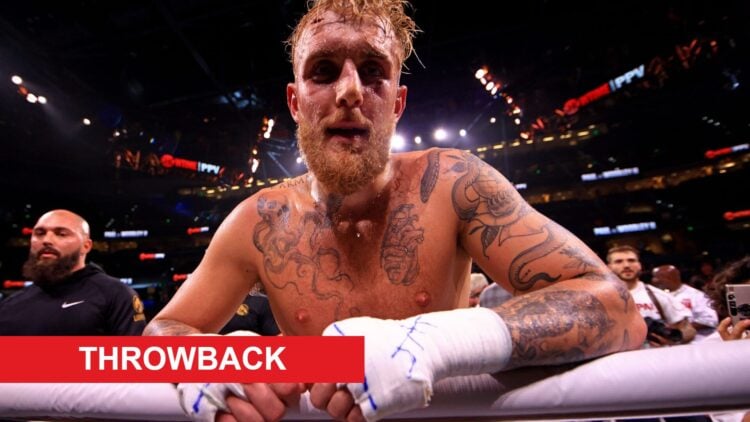 Jake Paul after defeating Tyron Woodley in their rematch with throwback label