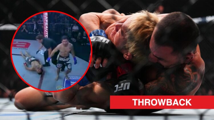 Main: Alexandre Pantoja locks in a submission on Kai Asakura at UFC 310. Inset: Alexandre Pantoja celebrates after choking out Matt Manzanares at R...