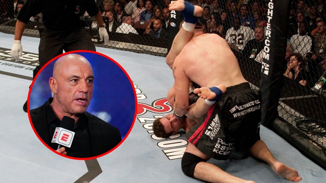 Main: Frank Mir locks in an armbar during his fight against Tim Sylvia at UFC 48. Inset: Joe Rogan commentates on UFC 313.