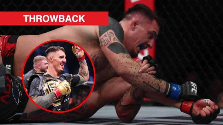 Main: Tom Aspinall submits Alexander Volkov with a straight armbar at UFC London. Inset: Tom Aspinall celebrates his win over Curtis Blaydes in the...